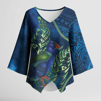 New Zealand Takahe Personalised Kimono Sleeve Blouse Silver Fern Galaxy Polynesian Pattern LT22 Female Blue - Polynesian Pride