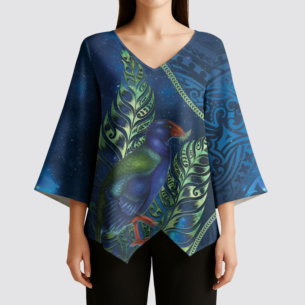 New Zealand Takahe Personalised Kimono Sleeve Blouse Silver Fern Galaxy Polynesian Pattern LT22 - Polynesian Pride