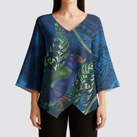 New Zealand Takahe Personalised Kimono Sleeve Blouse Silver Fern Galaxy Polynesian Pattern LT22 - Polynesian Pride
