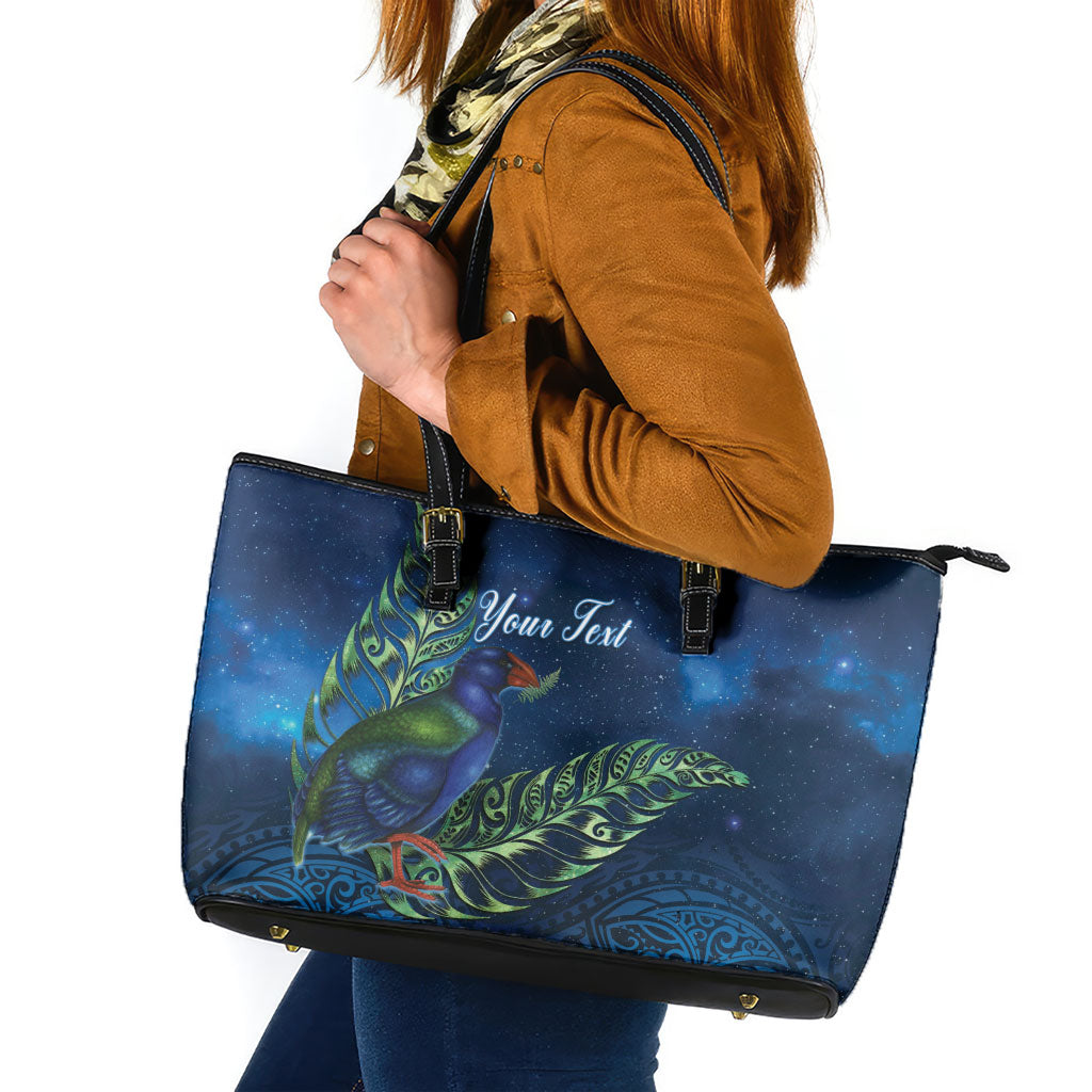 New Zealand Takahe Personalised Leather Tote Bag Silver Fern Galaxy Polynesian Pattern LT22 Blue - Polynesian Pride