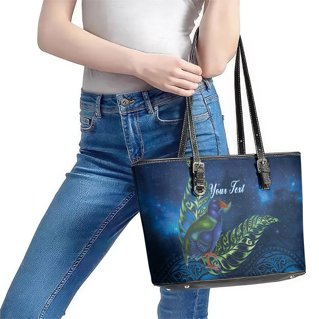 New Zealand Takahe Personalised Leather Tote Bag Silver Fern Galaxy Polynesian Pattern LT22 - Polynesian Pride