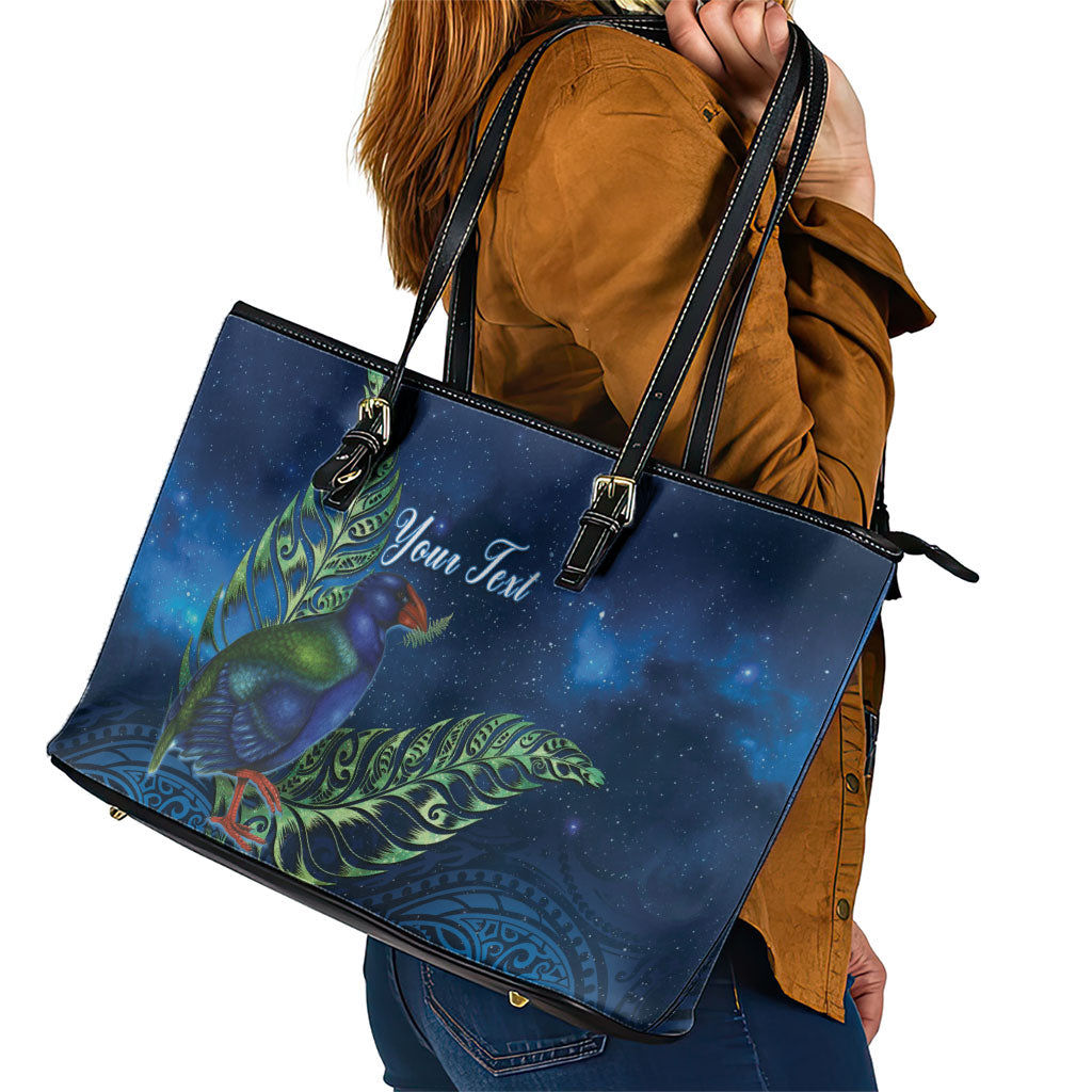 New Zealand Takahe Personalised Leather Tote Bag Silver Fern Galaxy Polynesian Pattern LT22 - Polynesian Pride