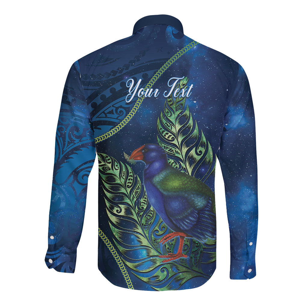 New Zealand Takahe Personalised Long Sleeve Button Shirt Silver Fern Galaxy Polynesian Pattern