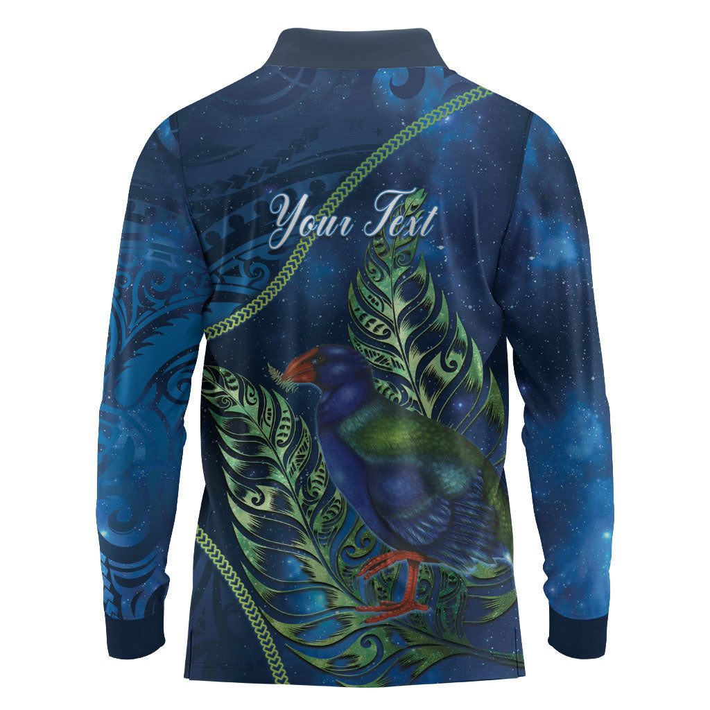 New Zealand Takahe Personalised Long Sleeve Polo Shirt Silver Fern Galaxy Polynesian Pattern