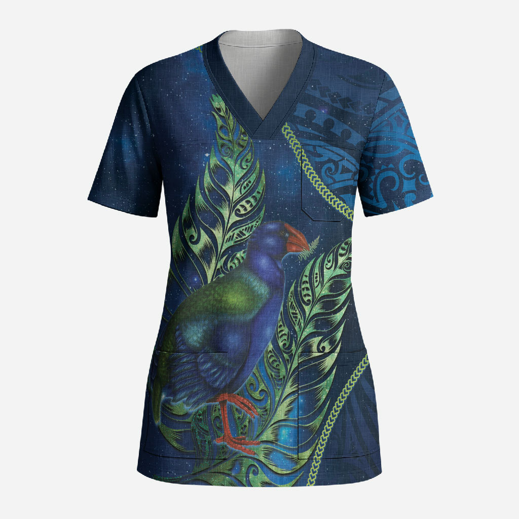 New Zealand Takahe Personalised Scrub Top Silver Fern Galaxy Polynesian Pattern