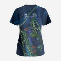 New Zealand Takahe Personalised Scrub Top Silver Fern Galaxy Polynesian Pattern