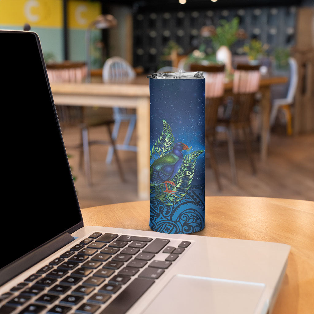 New Zealand Takahe Personalised Skinny Tumbler Silver Fern Galaxy Polynesian Pattern