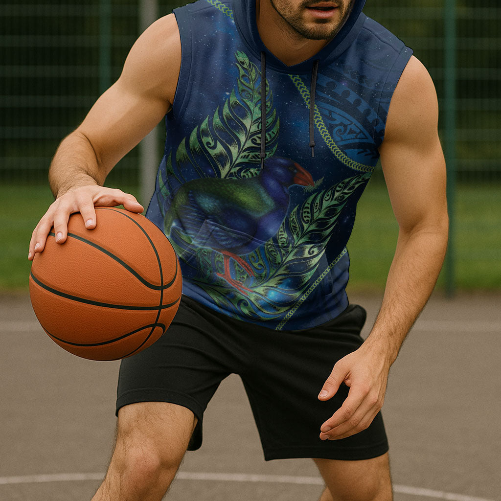 New Zealand Takahe Personalised Sleeveless Hoodie Silver Fern Galaxy Polynesian Pattern