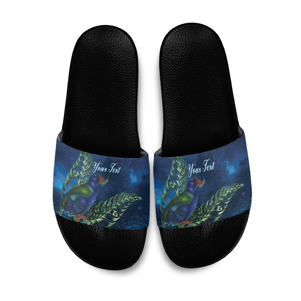 New Zealand Takahe Personalised Slide Sandals Silver Fern Galaxy Polynesian Pattern LT22 Blue - Polynesian Pride