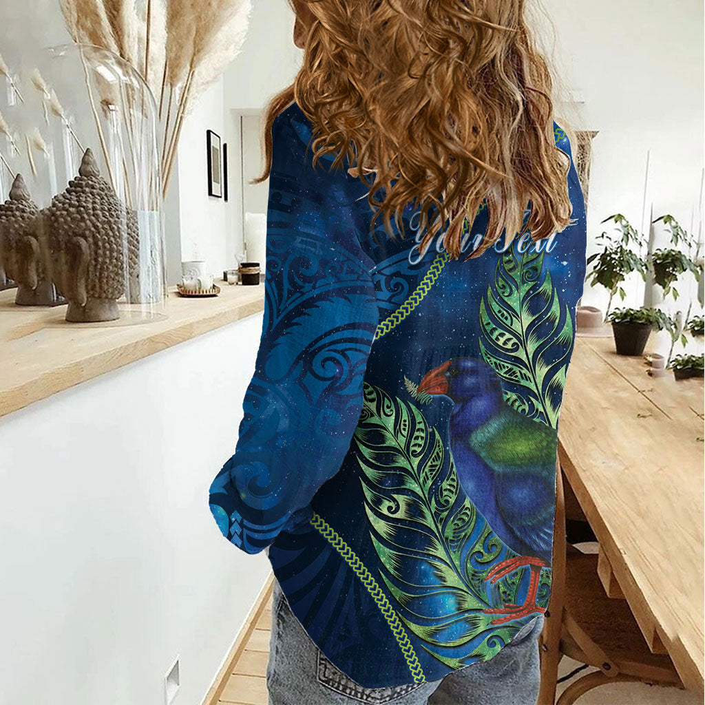 New Zealand Takahe Personalised Women Casual Shirt Silver Fern Galaxy Polynesian Pattern LT22 - Polynesian Pride