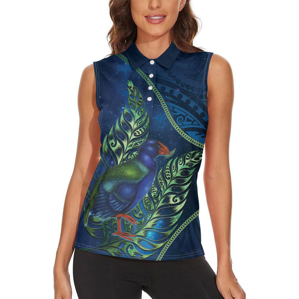 New Zealand Takahe Personalised Women Sleeveless Polo Shirt Silver Fern Galaxy Polynesian Pattern