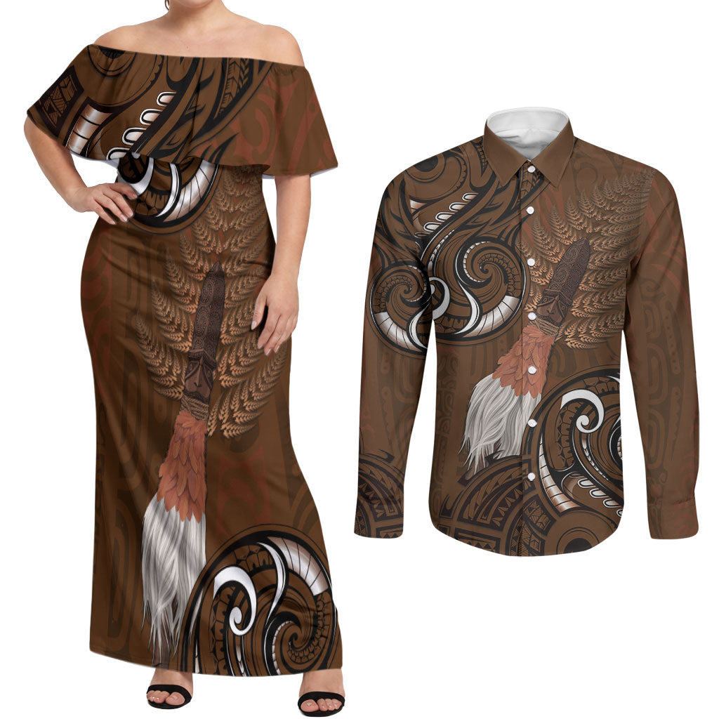 New Zealand Taiaha Couples Matching Off Shoulder Maxi Dress and Long Sleeve Button Shirt Maori Weapon Silver Fern Maori Pattern
