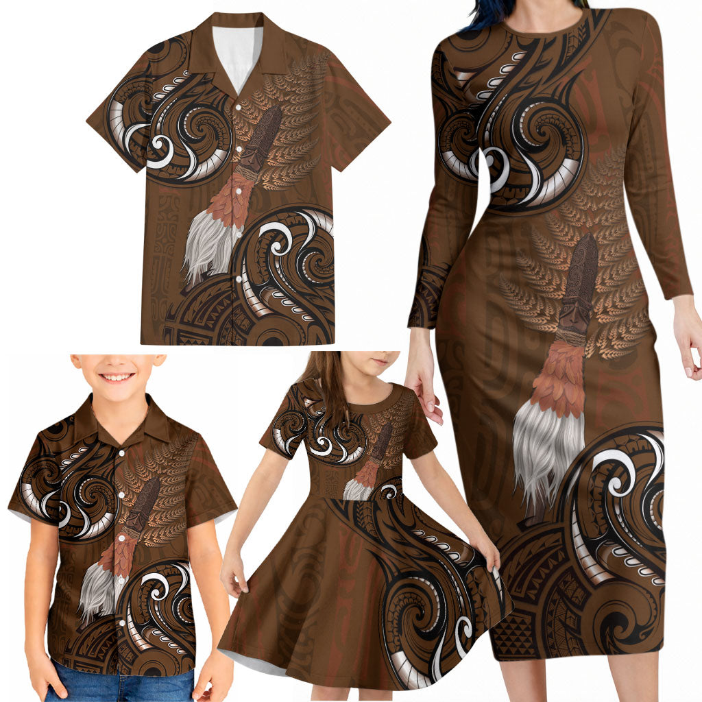 New Zealand Taiaha Family Matching Long Sleeve Bodycon Dress and Hawaiian Shirt Maori Weapon Silver Fern Maori Pattern LT22 - Polynesian Pride