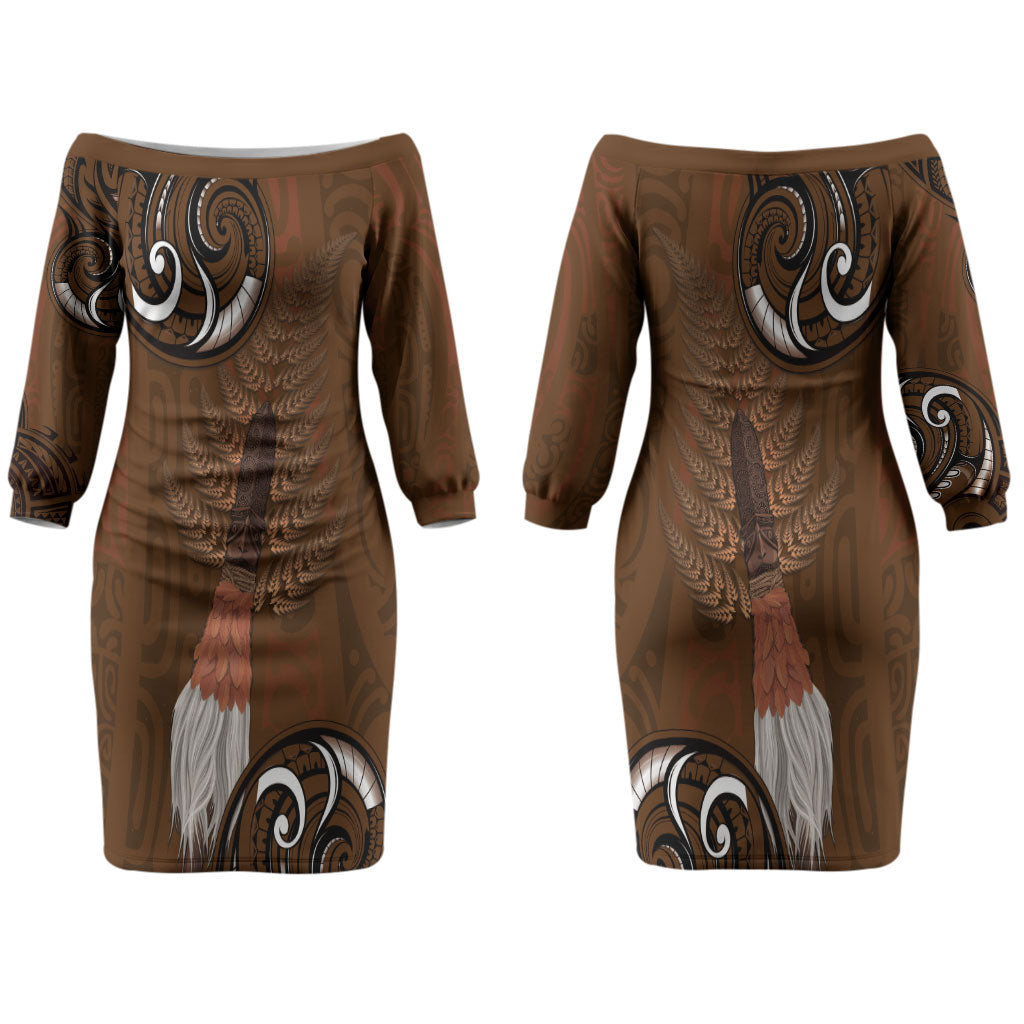 New Zealand Taiaha Family Matching Off The Shoulder Long Sleeve Dress and Hawaiian Shirt Maori Weapon Silver Fern Maori Pattern