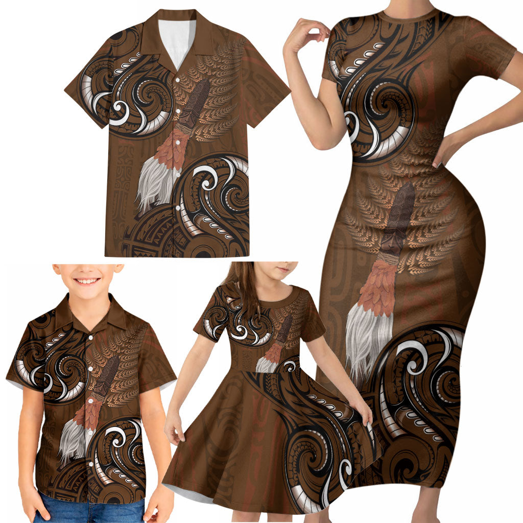 New Zealand Taiaha Family Matching Short Sleeve Bodycon Dress and Hawaiian Shirt Maori Weapon Silver Fern Maori Pattern LT22 - Polynesian Pride