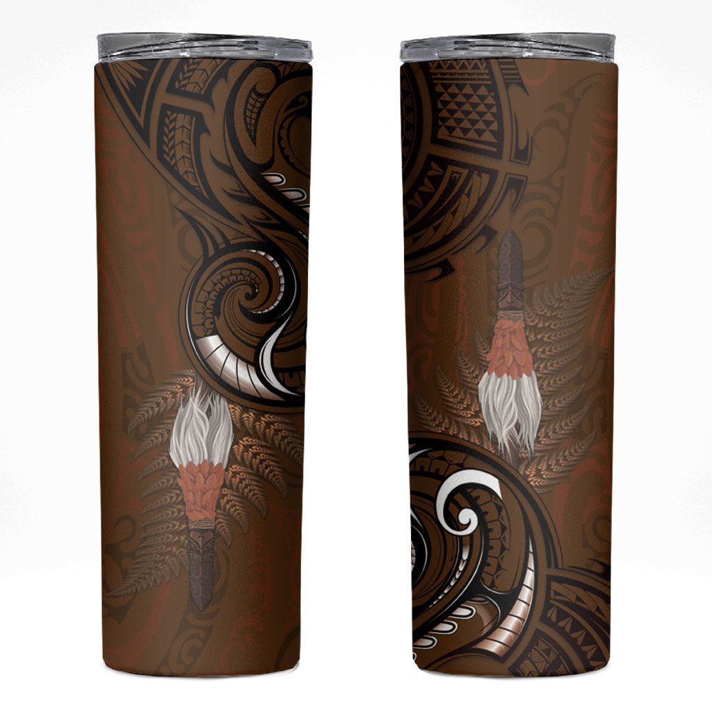 New Zealand Taiaha Skinny Tumbler Maori Weapon Silver Fern Maori Pattern LT22 Brown - Polynesian Pride