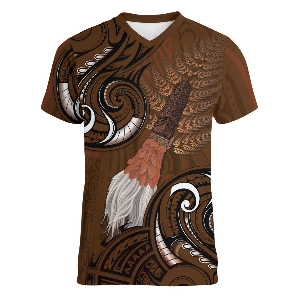 New Zealand Taiaha Women V-Neck T-Shirt Maori Weapon Silver Fern Maori Pattern LT22 Female Brown - Polynesian Pride