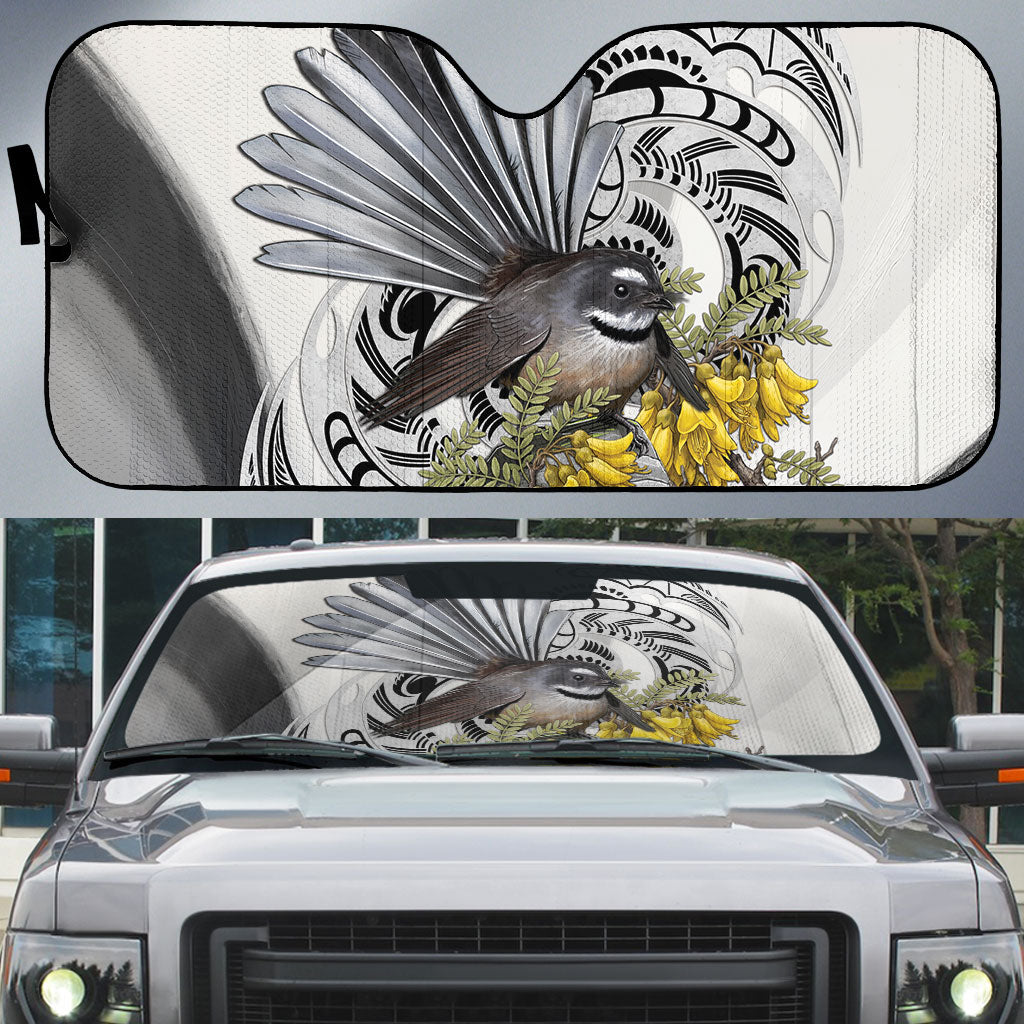 New Zealand Fantail Bird Auto Sun Shade Maori Piwakawaka Kowhai Maori Pattern