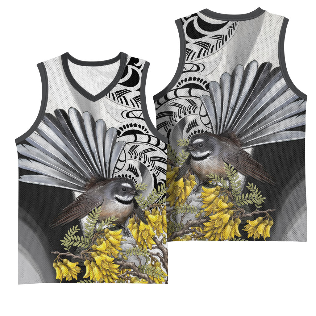 New Zealand Fantail Bird Basketball Jersey Maori Piwakawaka Kowhai Maori Pattern