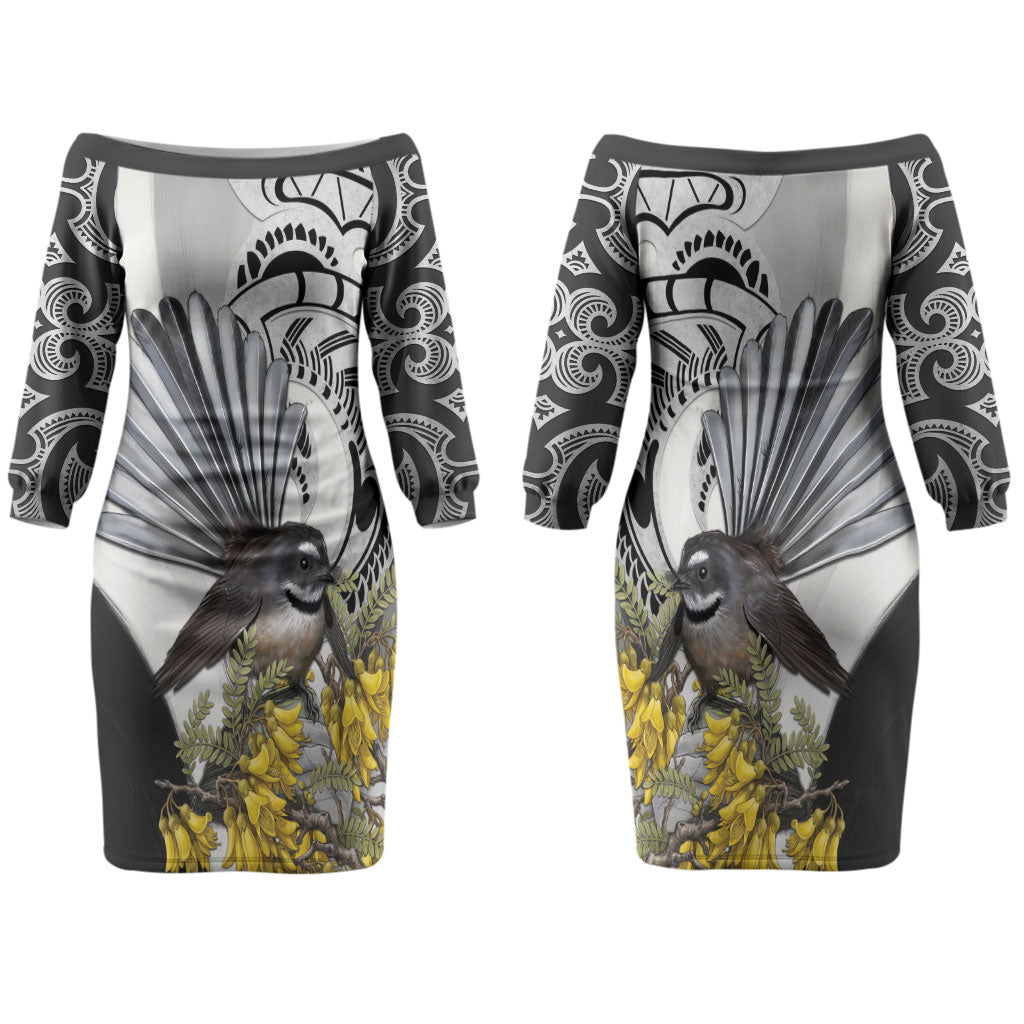 New Zealand Fantail Bird Couples Matching Off The Shoulder Long Sleeve Dress and Hawaiian Shirt Maori Piwakawaka Kowhai Maori Pattern