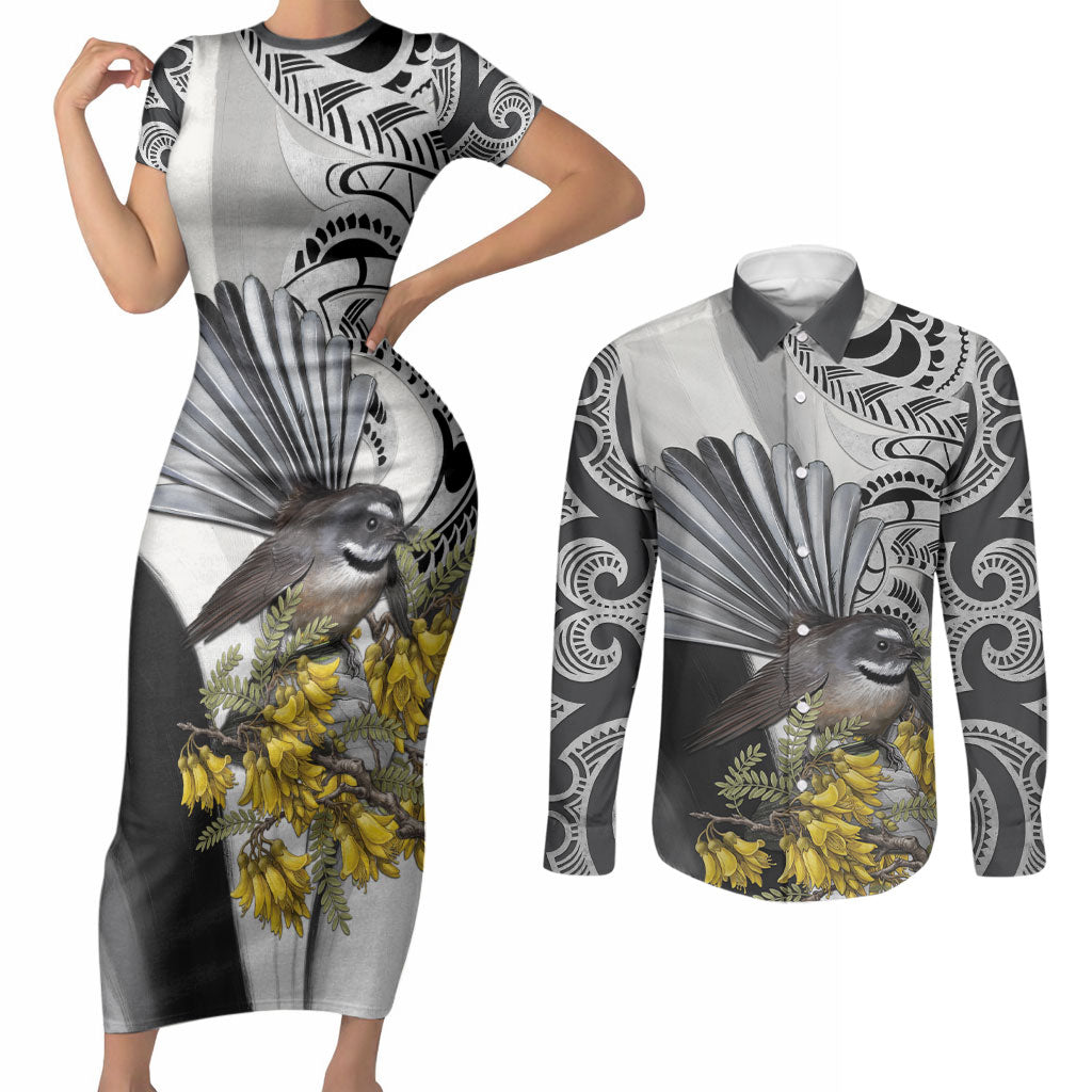 New Zealand Fantail Bird Couples Matching Short Sleeve Bodycon Dress and Long Sleeve Button Shirt Maori Piwakawaka Kowhai Maori Pattern LT22 Grey - Polynesian Pride