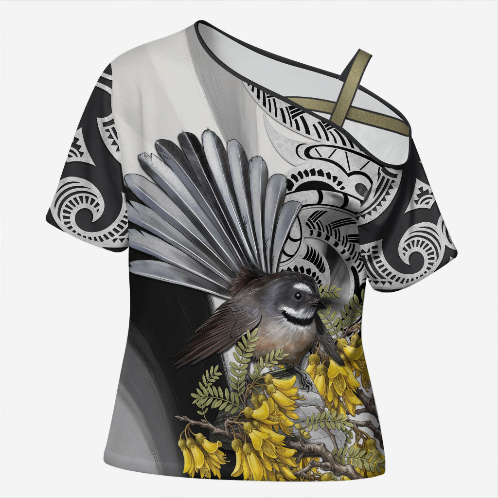 New Zealand Fantail Bird Cross Shoulder Shirt Maori Piwakawaka Kowhai Maori Pattern LT22 Female Grey - Polynesian Pride