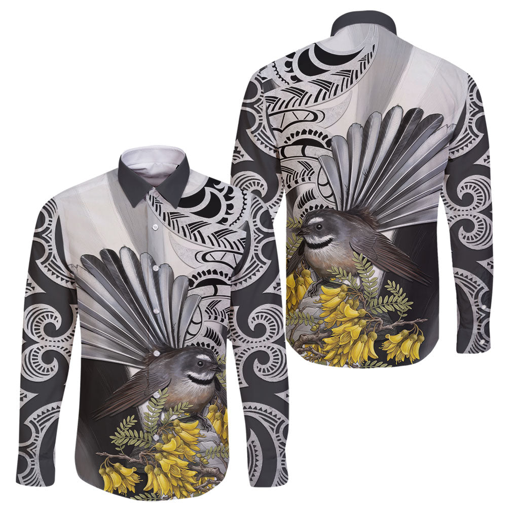 New Zealand Fantail Bird Family Matching Long Sleeve Bodycon Dress and Hawaiian Shirt Maori Piwakawaka Kowhai Maori Pattern