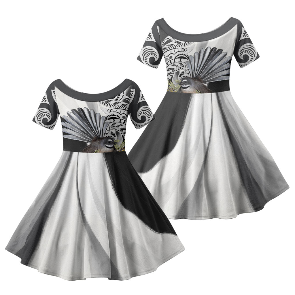 New Zealand Fantail Bird Family Matching Long Sleeve Bodycon Dress and Hawaiian Shirt Maori Piwakawaka Kowhai Maori Pattern