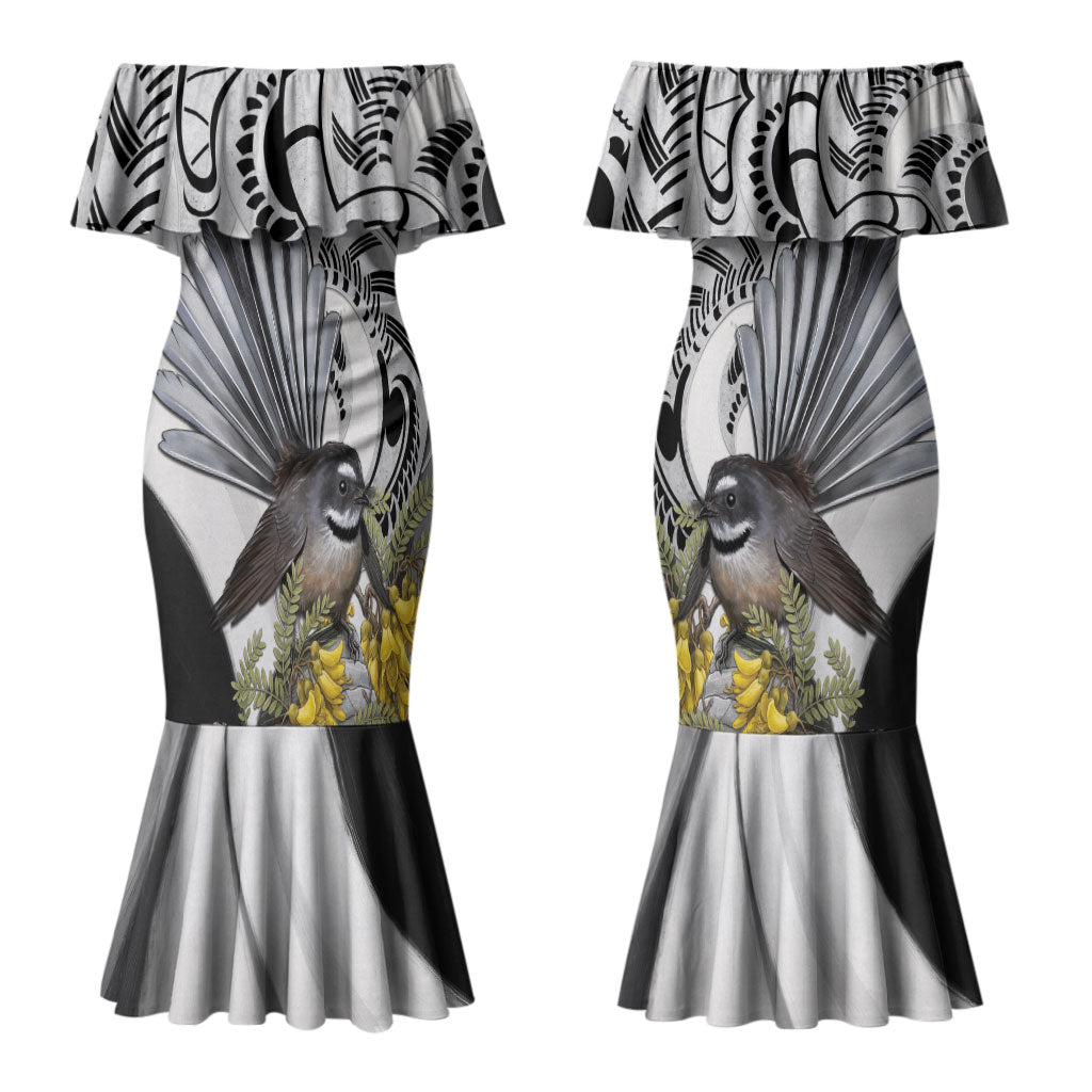 New Zealand Fantail Bird Family Matching Mermaid Dress and Hawaiian Shirt Maori Piwakawaka Kowhai Maori Pattern