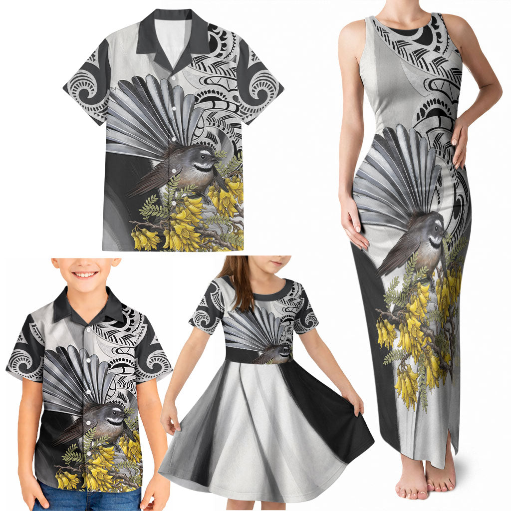 New Zealand Fantail Bird Family Matching Tank Maxi Dress and Hawaiian Shirt Maori Piwakawaka Kowhai Maori Pattern LT22 - Polynesian Pride