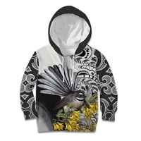 New Zealand Fantail Bird Kid Hoodie Maori Piwakawaka Kowhai Maori Pattern