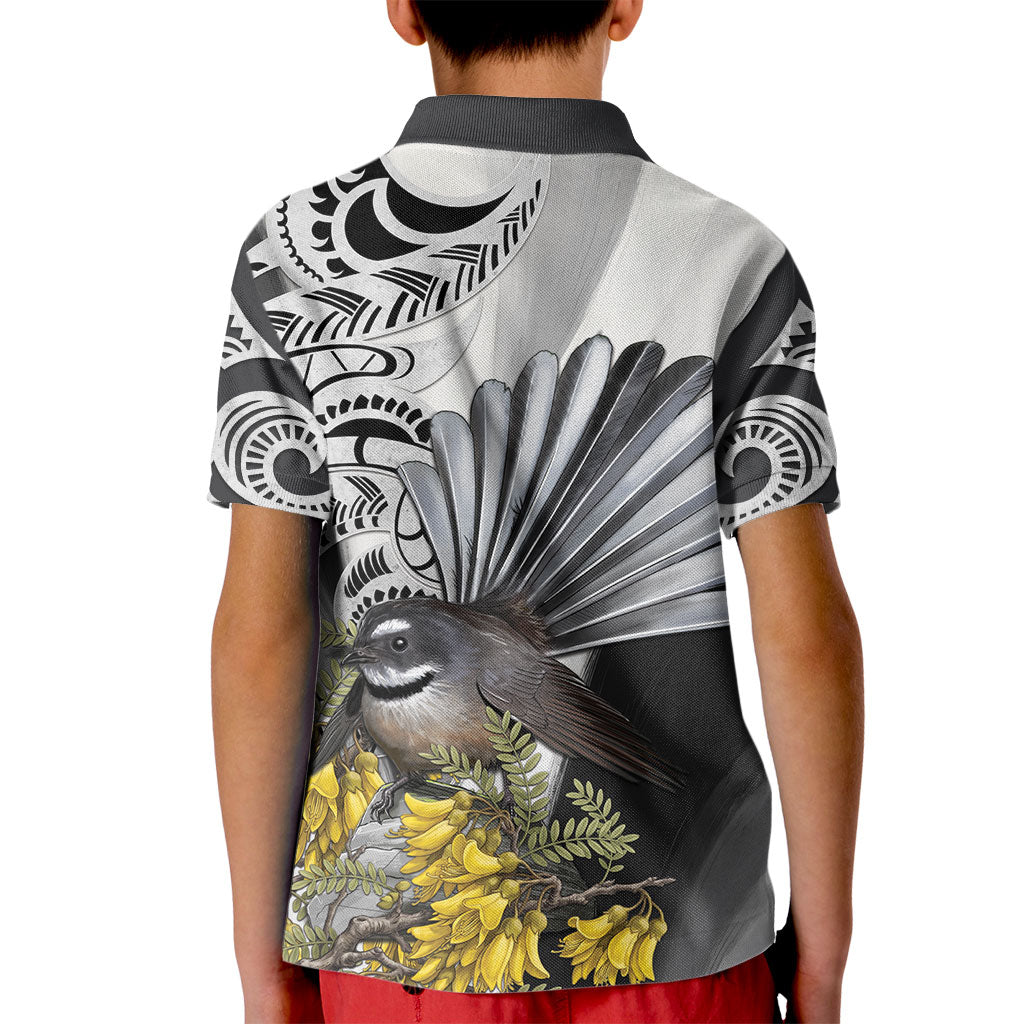New Zealand Fantail Bird Kid Polo Shirt Maori Piwakawaka Kowhai Maori Pattern
