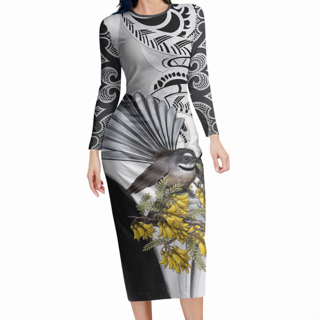 New Zealand Fantail Bird Long Sleeve Bodycon Dress Maori Piwakawaka Kowhai Maori Pattern LT22 Long Dress Grey - Polynesian Pride
