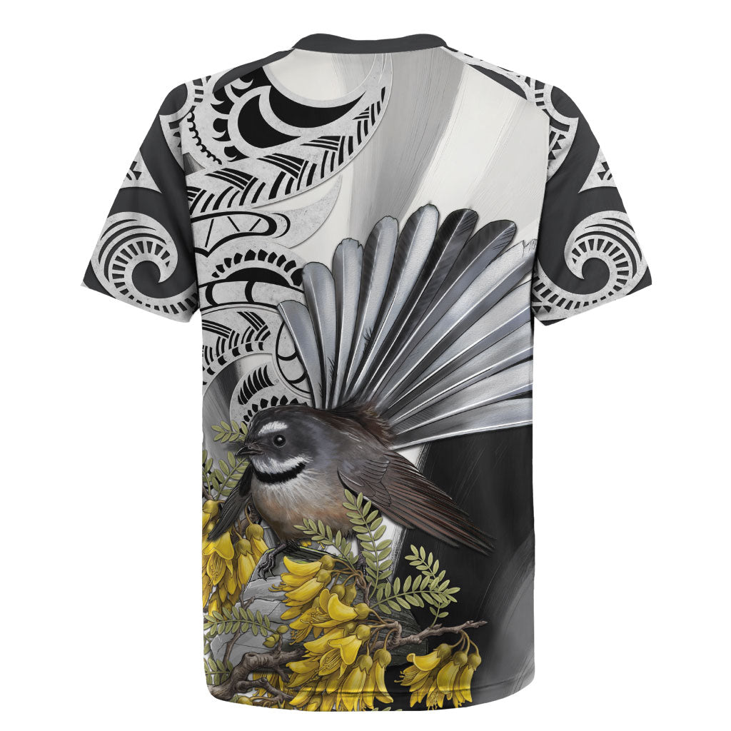 New Zealand Fantail Bird Rugby Jersey Maori Piwakawaka Kowhai Maori Pattern