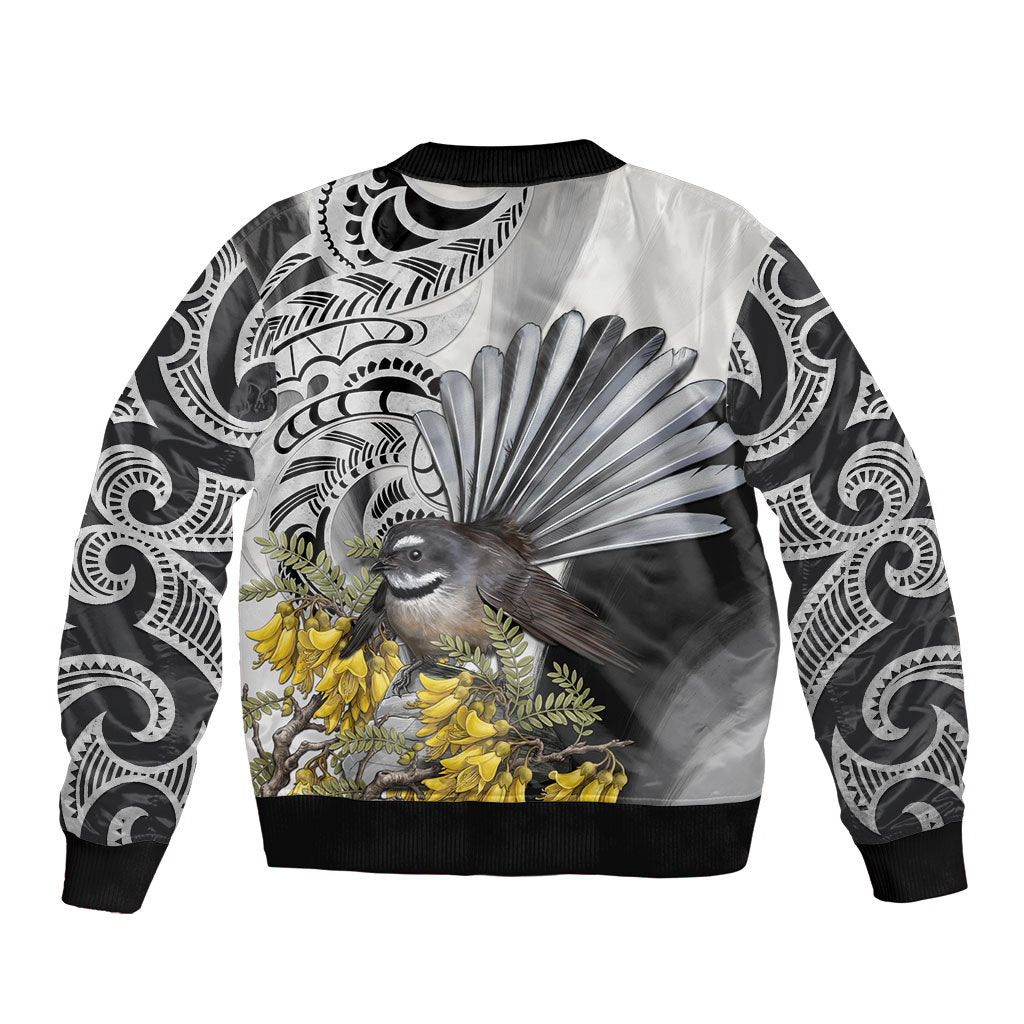 New Zealand Fantail Bird Sleeve Zip Bomber Jacket Maori Piwakawaka Kowhai Maori Pattern