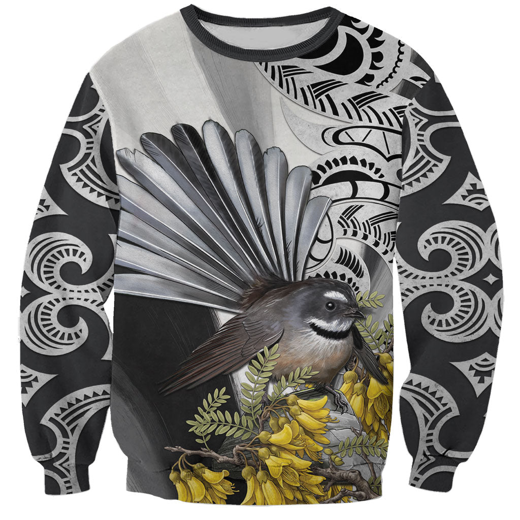 New Zealand Fantail Bird Sweatshirt Maori Piwakawaka Kowhai Maori Pattern LT22 Unisex Grey - Polynesian Pride