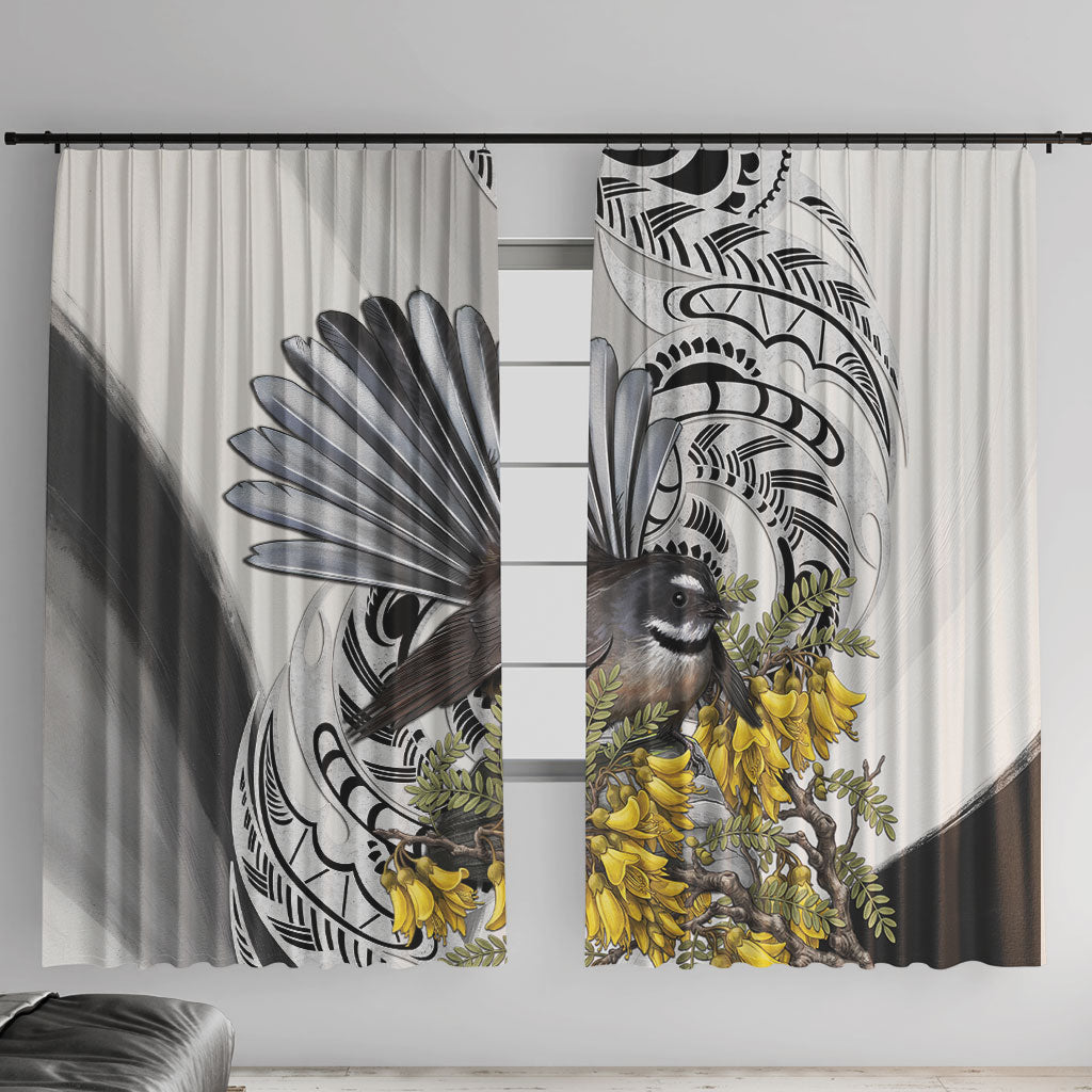 New Zealand Fantail Bird Window Curtain Maori Piwakawaka Kowhai Maori Pattern LT22 With Hooks Grey - Polynesian Pride