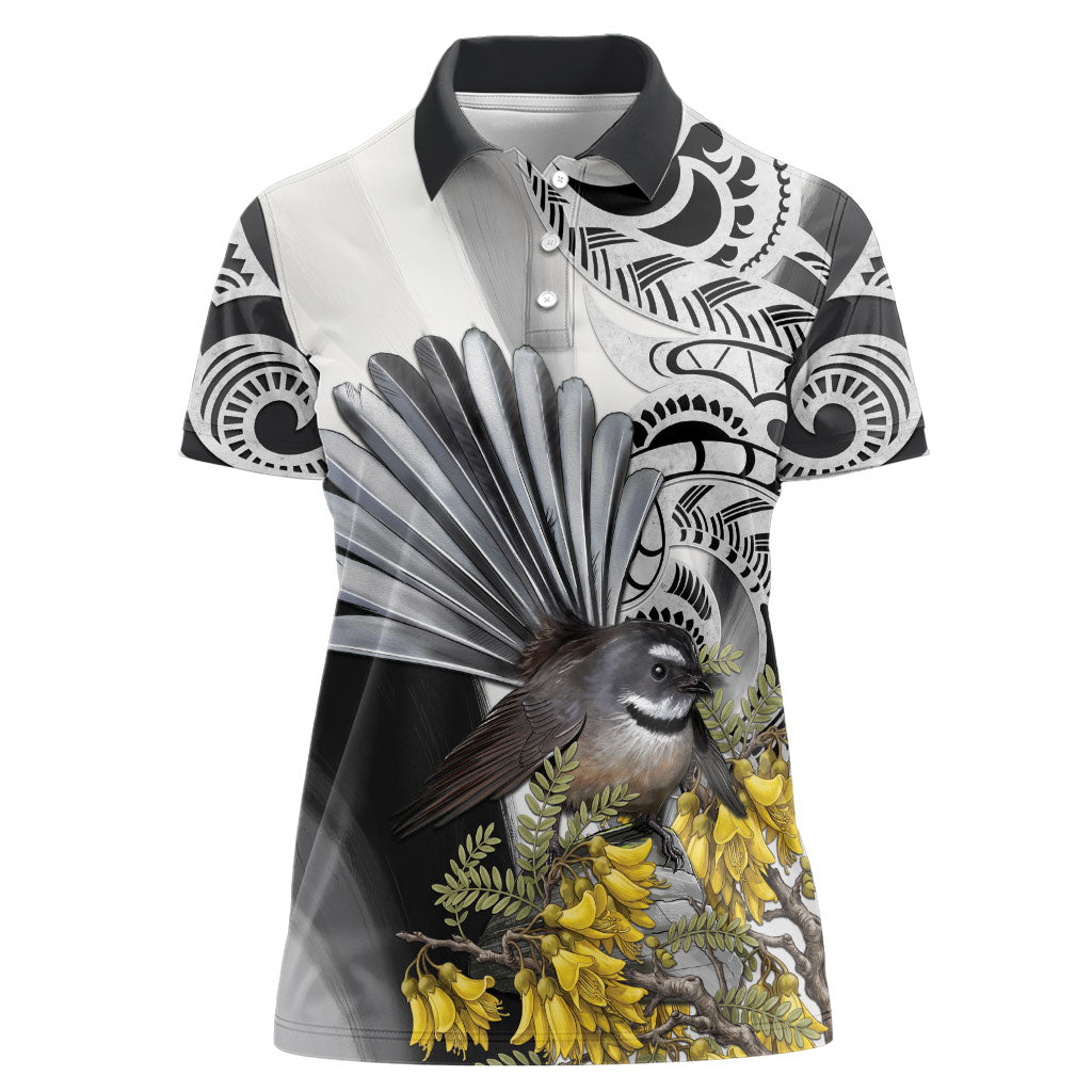 New Zealand Fantail Bird Women Polo Shirt Maori Piwakawaka Kowhai Maori Pattern