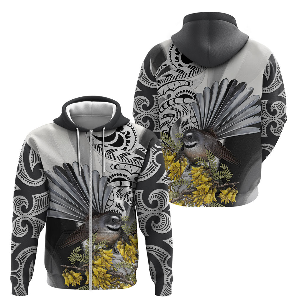 New Zealand Fantail Bird Zip Hoodie Maori Piwakawaka Kowhai Maori Pattern