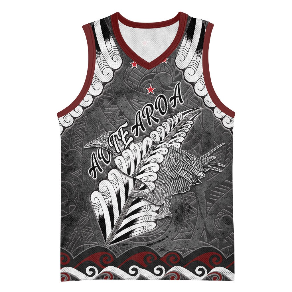 New Zealand Weka Personalised Basketball Jersey Aotearoa Hen Silver Fern Maori Pattern