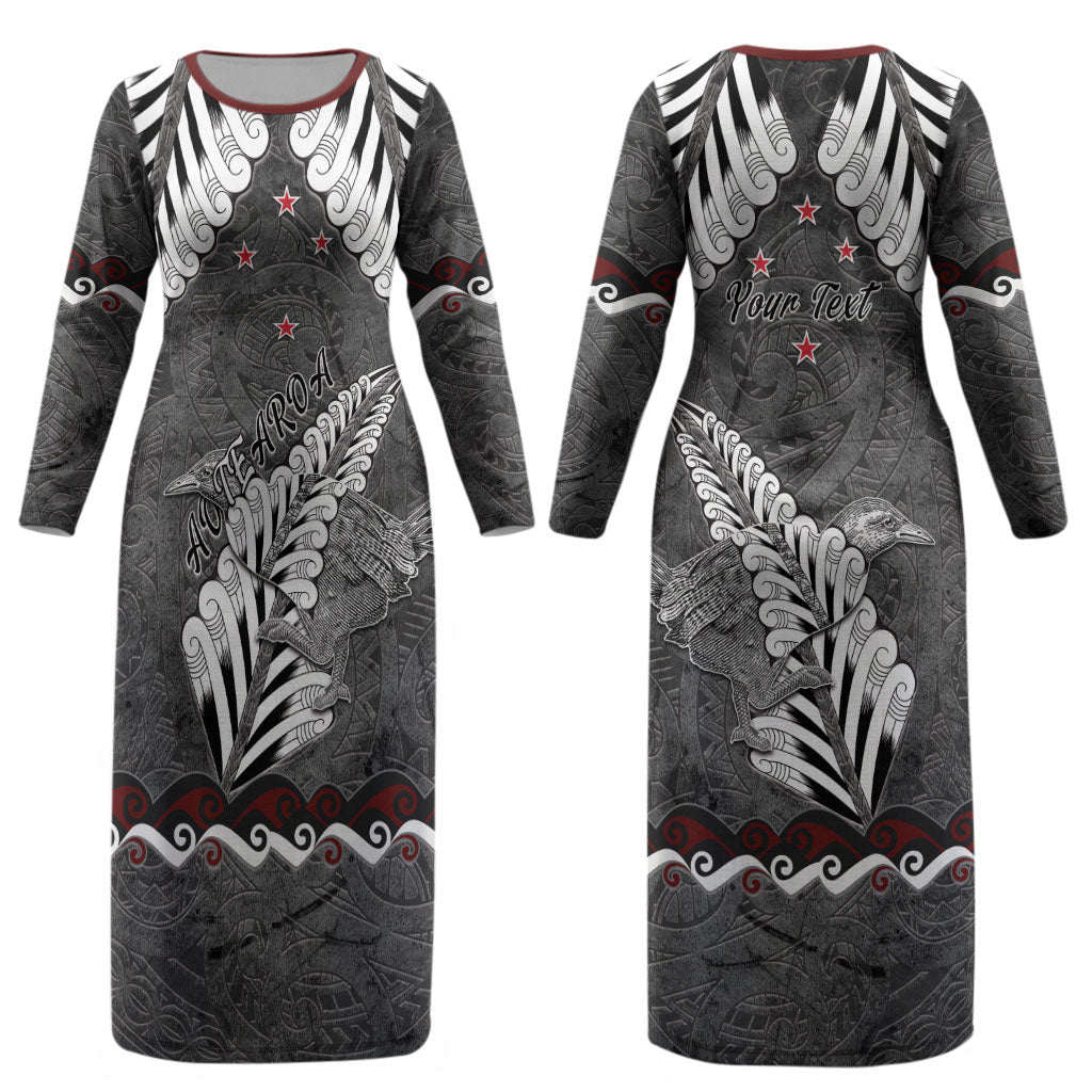 New Zealand Weka Personalised Couples Matching Long Sleeve Bodycon Dress and Long Sleeve Button Shirt Aotearoa Hen Silver Fern Maori Pattern LT22 - Polynesian Pride