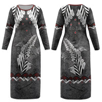 New Zealand Weka Personalised Couples Matching Long Sleeve Bodycon Dress and Long Sleeve Button Shirt Aotearoa Hen Silver Fern Maori Pattern LT22 - Polynesian Pride