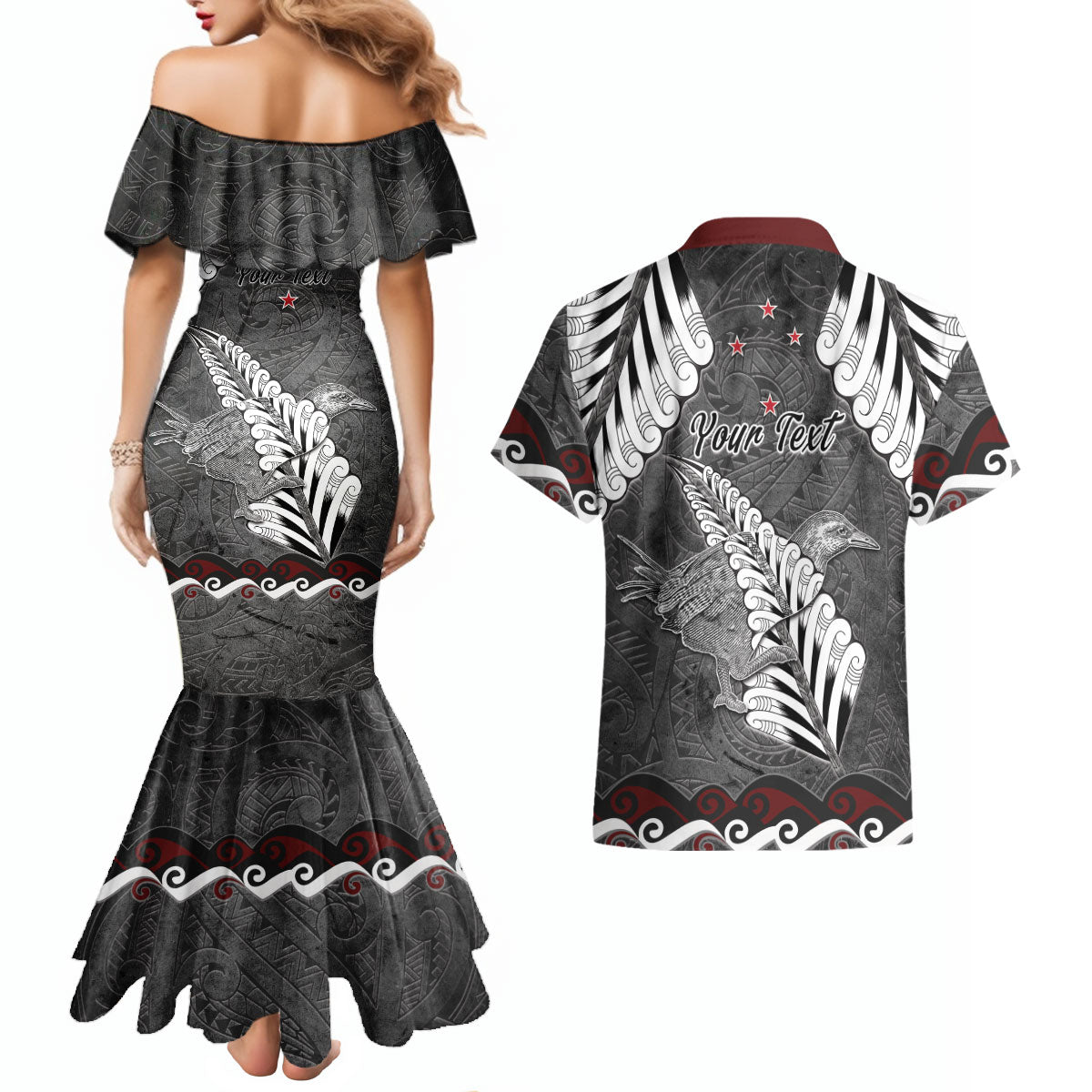 New Zealand Weka Personalised Couples Matching Mermaid Dress and Hawaiian Shirt Aotearoa Hen Silver Fern Maori Pattern