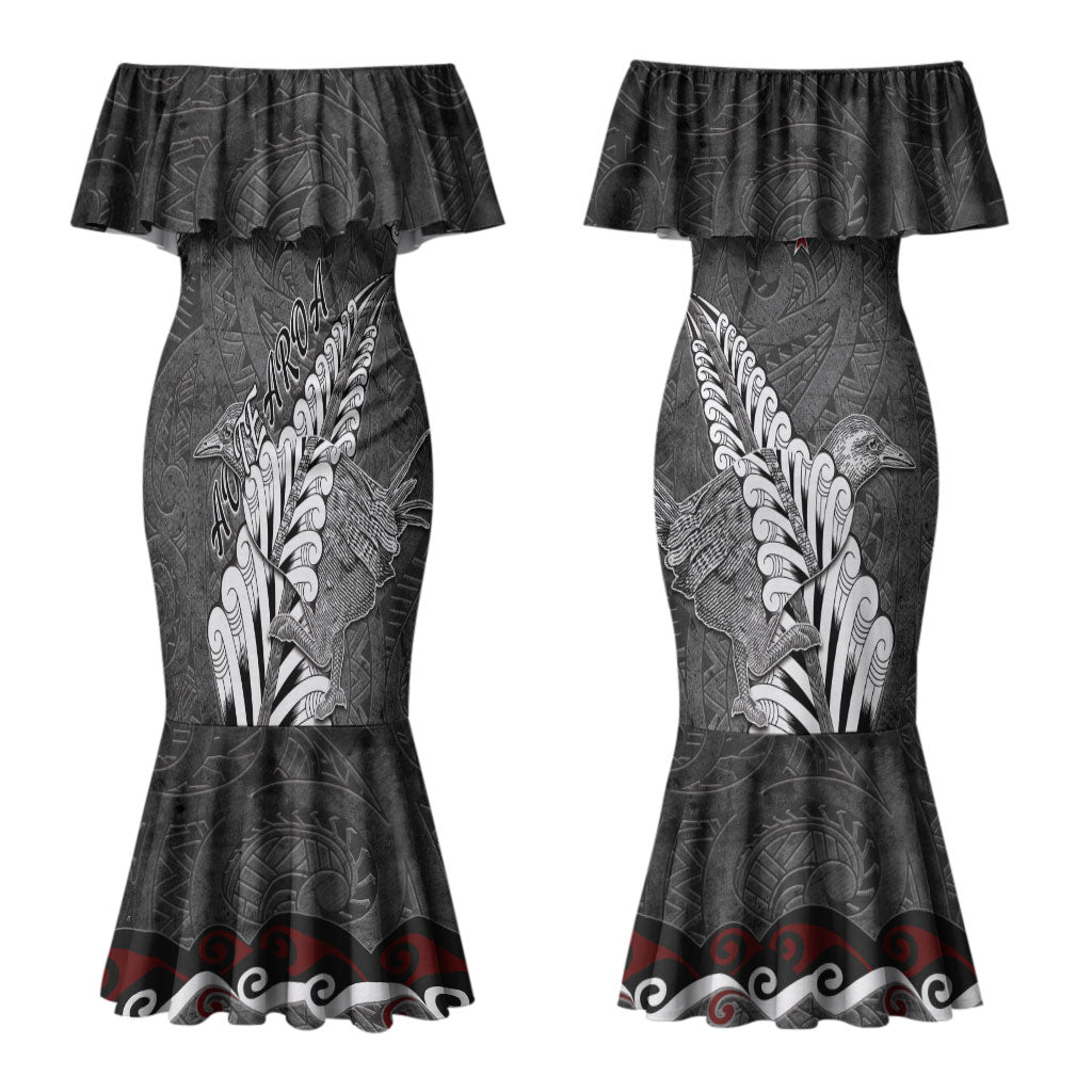 New Zealand Weka Personalised Couples Matching Mermaid Dress and Long Sleeve Button Shirt Aotearoa Hen Silver Fern Maori Pattern LT22 - Polynesian Pride
