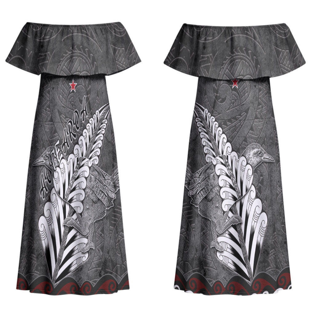 New Zealand Weka Personalised Couples Matching Off Shoulder Maxi Dress and Hawaiian Shirt Aotearoa Hen Silver Fern Maori Pattern LT22 - Polynesian Pride