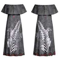 New Zealand Weka Personalised Couples Matching Off Shoulder Maxi Dress and Hawaiian Shirt Aotearoa Hen Silver Fern Maori Pattern LT22 - Polynesian Pride
