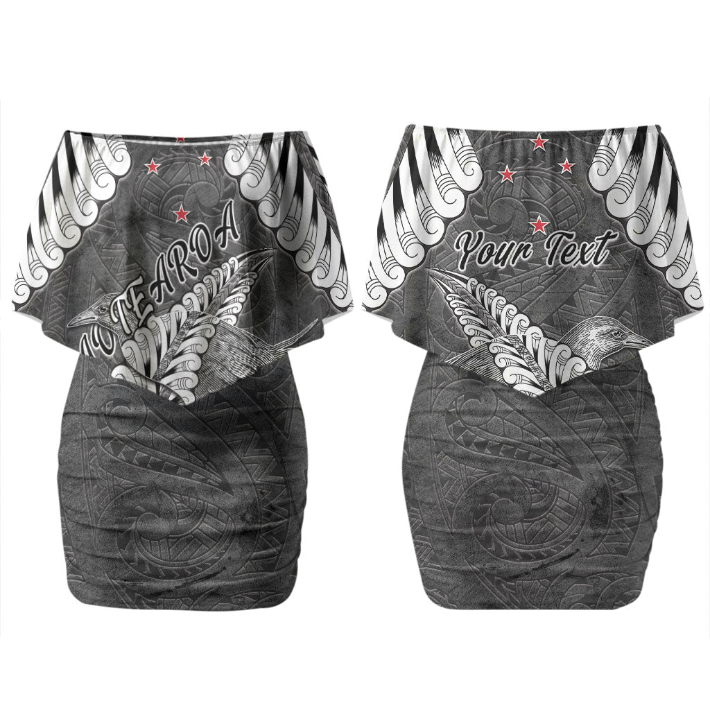 New Zealand Weka Personalised Couples Matching Off Shoulder Short Dress and Hawaiian Shirt Aotearoa Hen Silver Fern Maori Pattern LT22 - Polynesian Pride