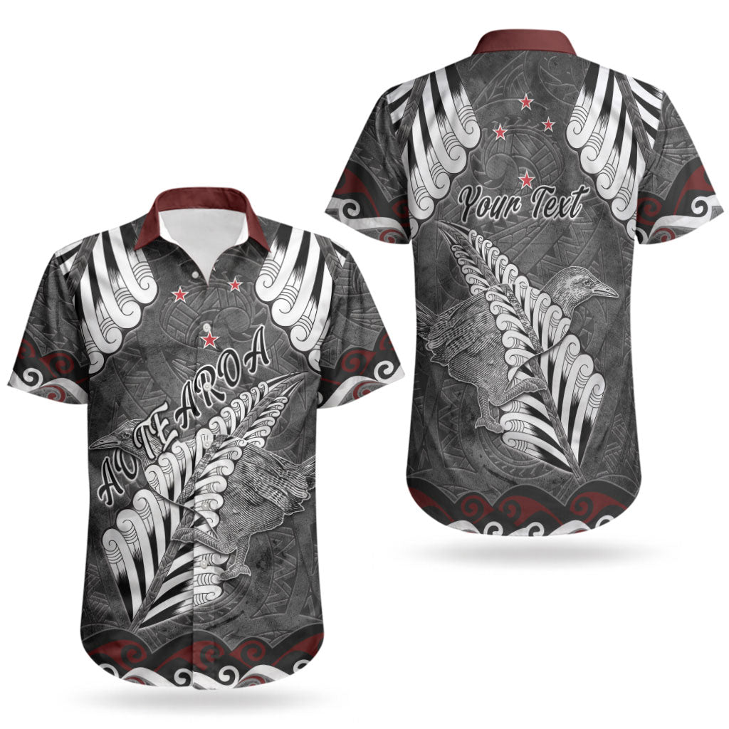 New Zealand Weka Personalised Couples Matching Off Shoulder Short Dress and Hawaiian Shirt Aotearoa Hen Silver Fern Maori Pattern LT22 - Polynesian Pride