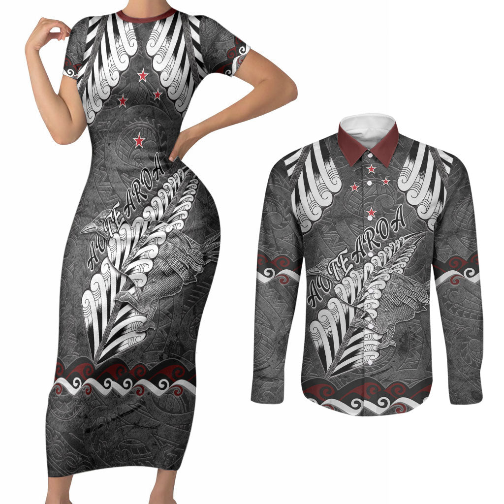 New Zealand Weka Personalised Couples Matching Short Sleeve Bodycon Dress and Long Sleeve Button Shirt Aotearoa Hen Silver Fern Maori Pattern LT22 Black - Polynesian Pride