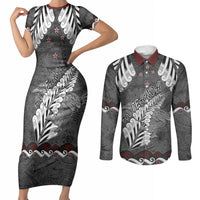 New Zealand Weka Personalised Couples Matching Short Sleeve Bodycon Dress and Long Sleeve Button Shirt Aotearoa Hen Silver Fern Maori Pattern LT22 Black - Polynesian Pride